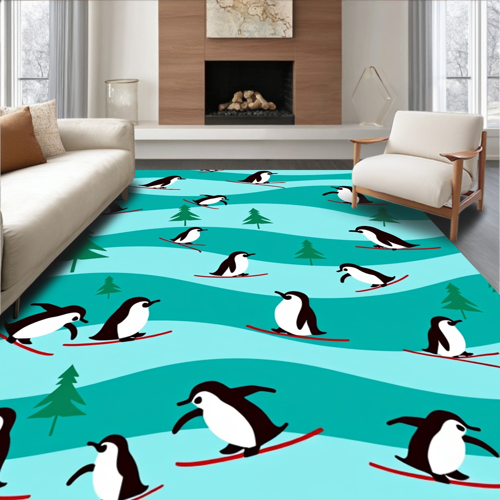 Skiing Penguin Snowy Hill Abstract Rug