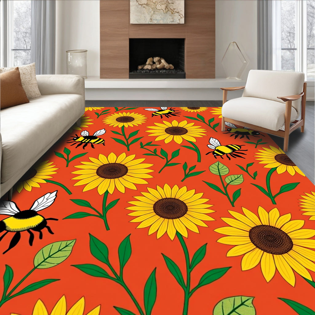 Bright Yellow Sunflowers with Bees Rug