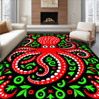 Red Octopus Green Swirls Black Background Rug