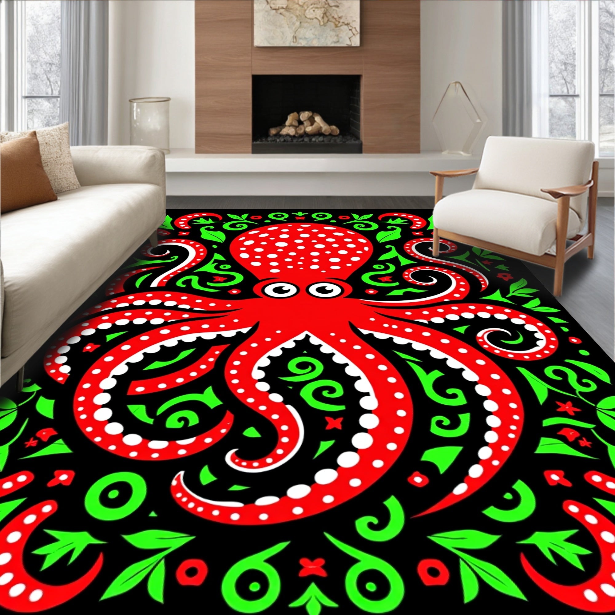 Red Octopus Green Swirls Black Background Rug