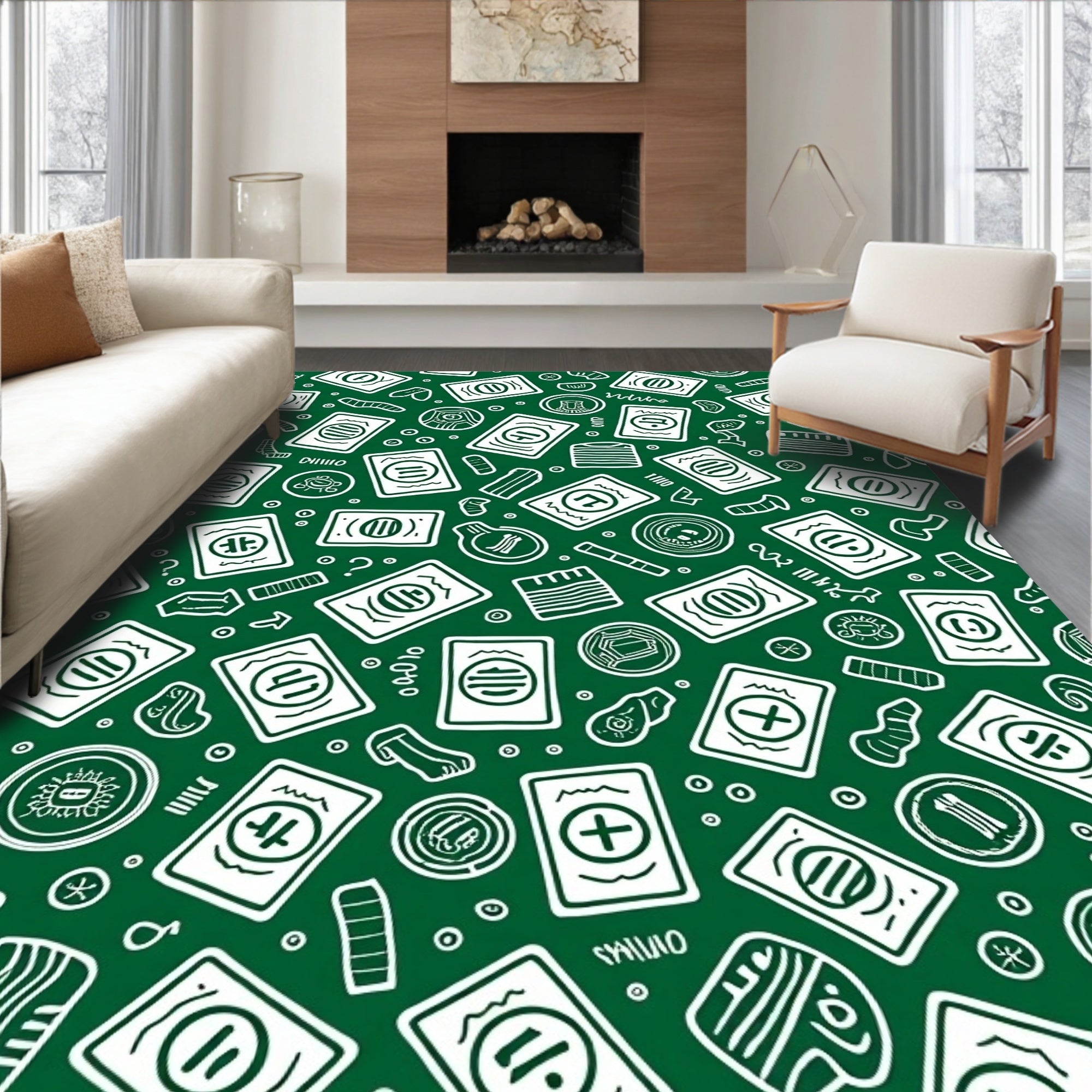 Green White Card Folk Art Rug