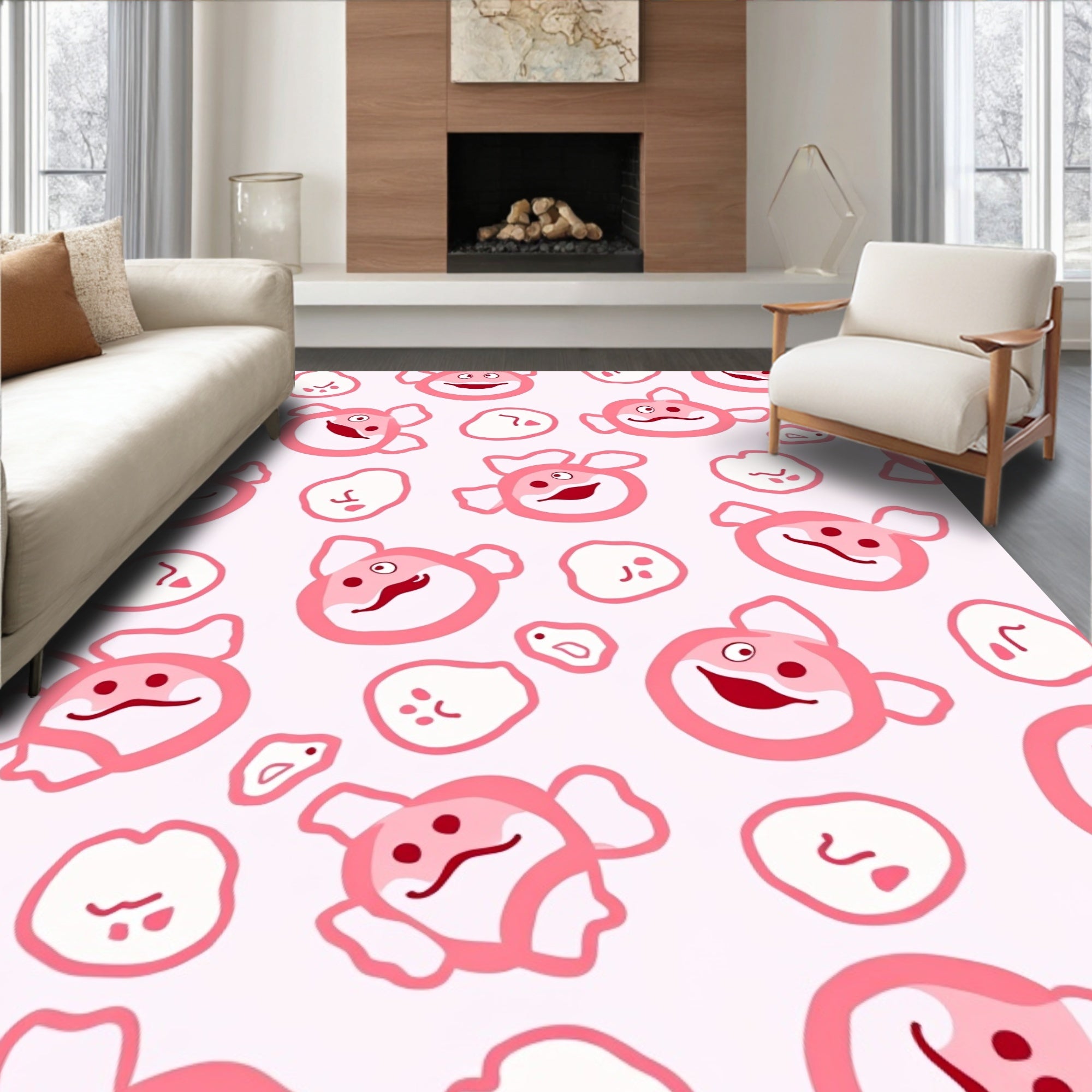 Pink Whimsical Cartoon Faces Rug
