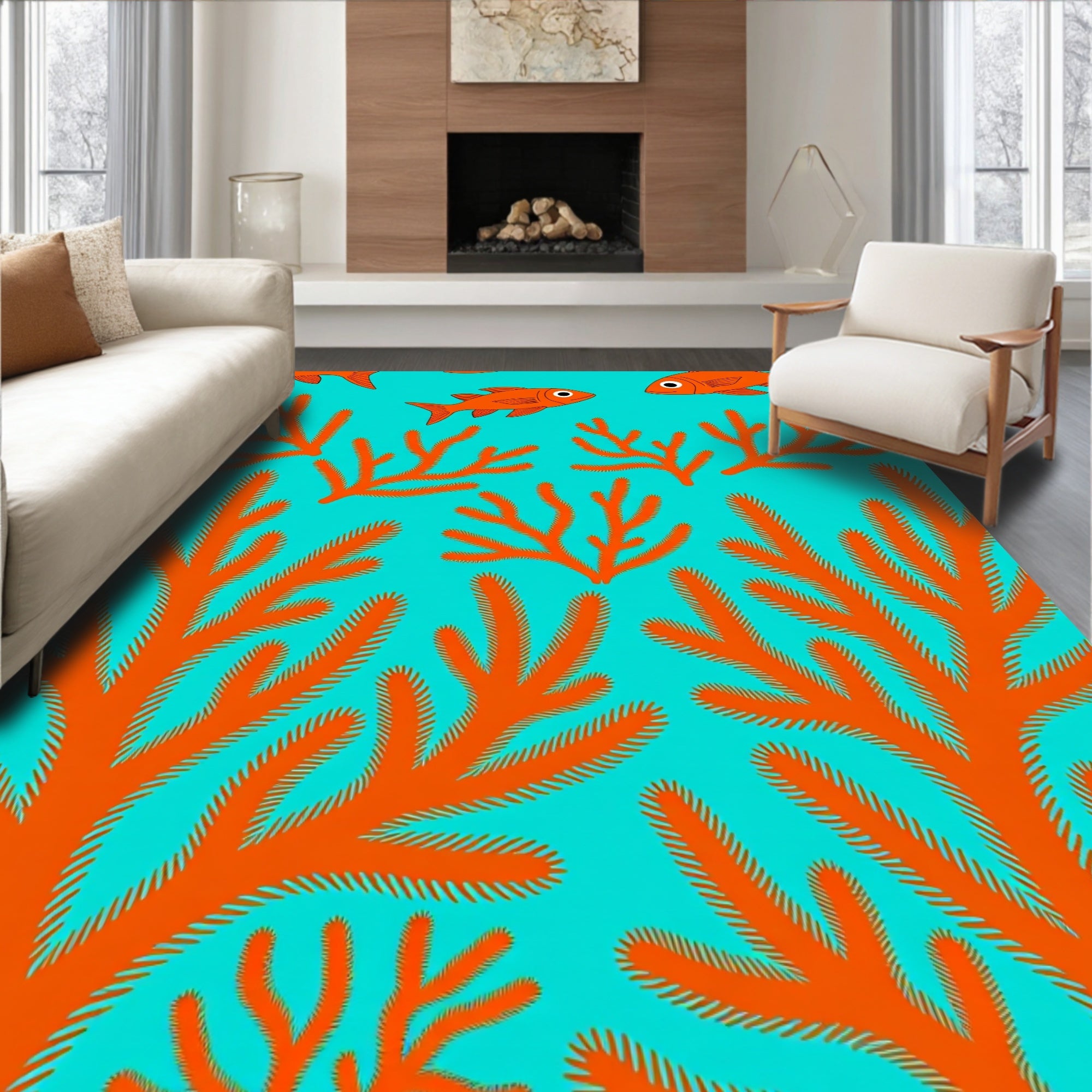 Bright Orange Coral Fish Reef Rug