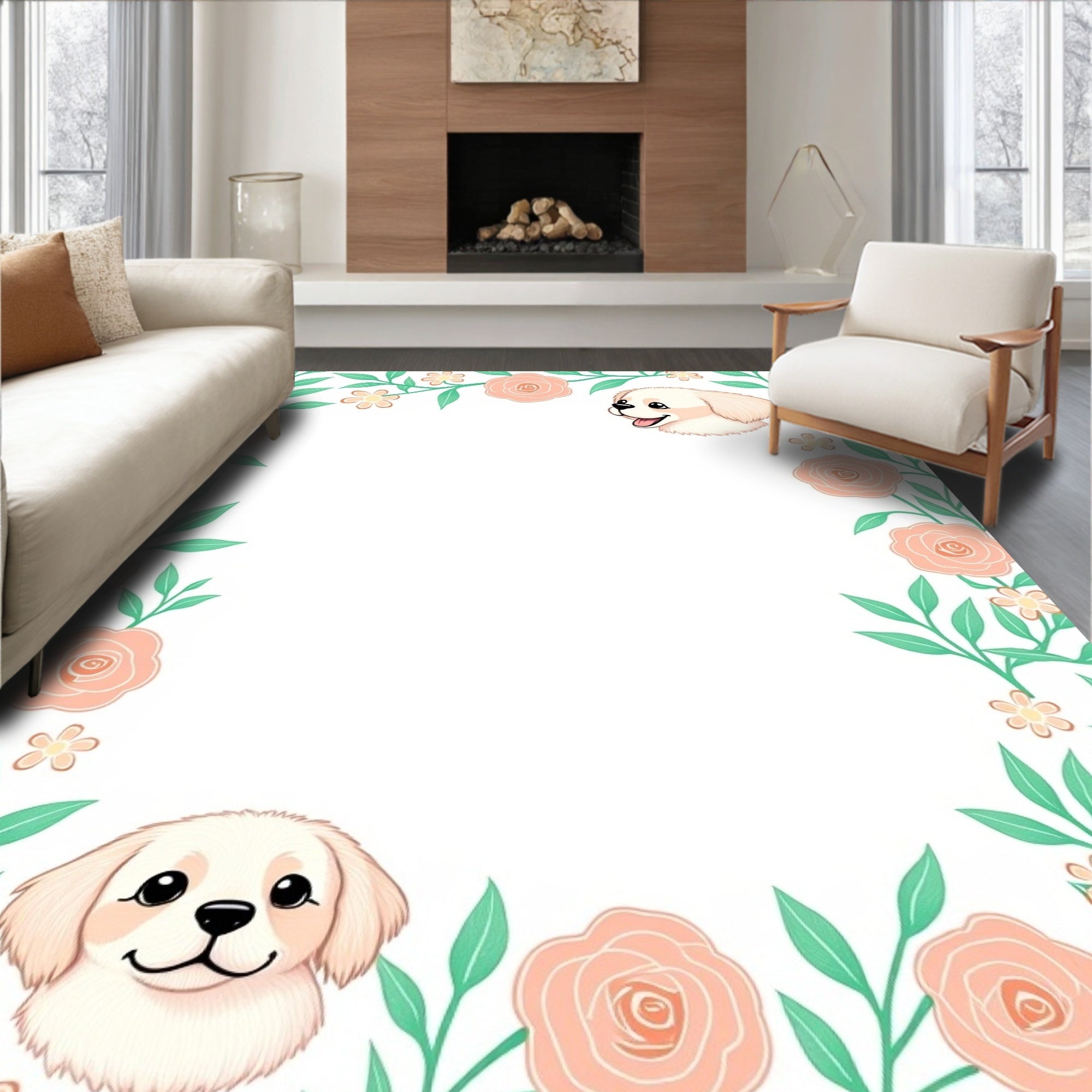 Peach Rose Garden Puppy Border Rug
