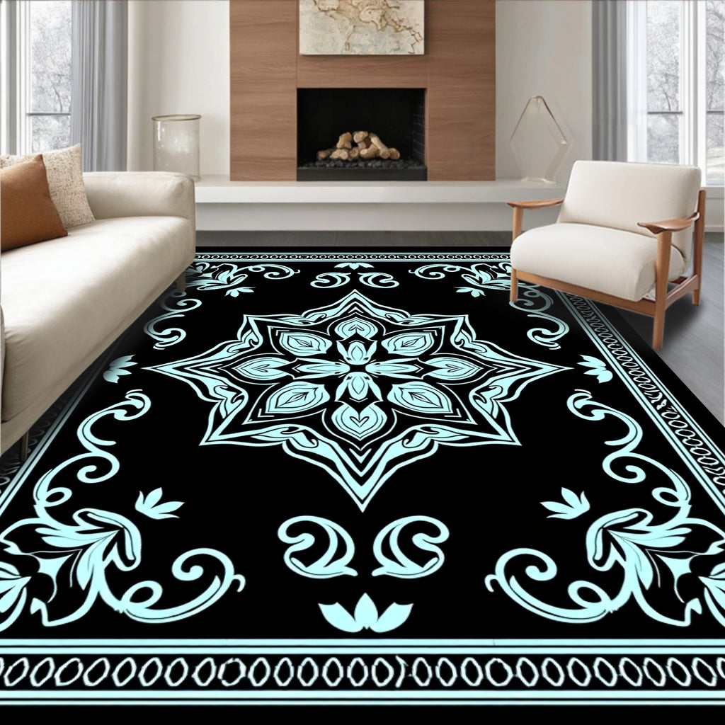 Light Blue Floral Medallion Black Rug