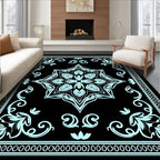 Light Blue Floral Medallion Black Rug