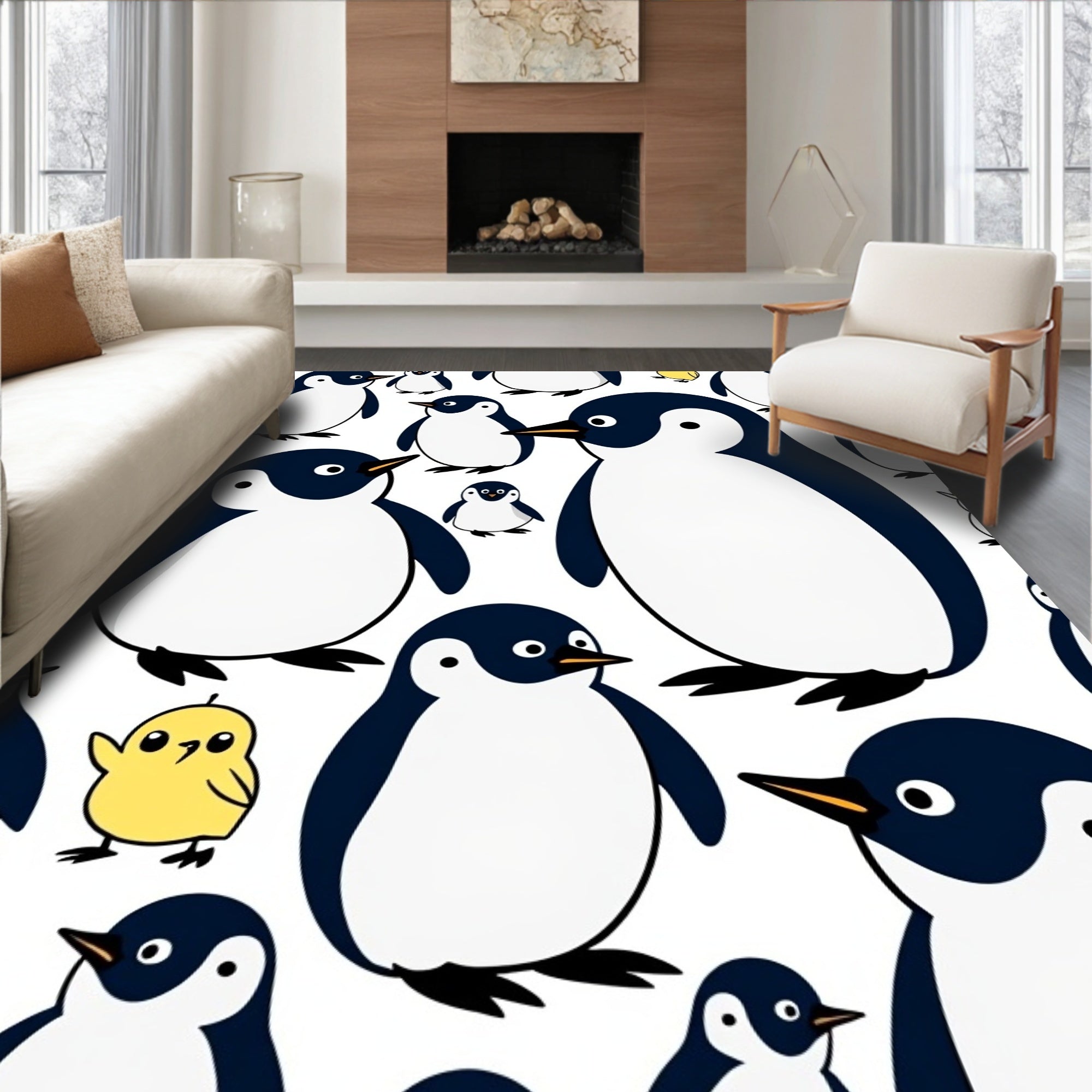 Cute Penguin Family Yellow Chick Accent Rug