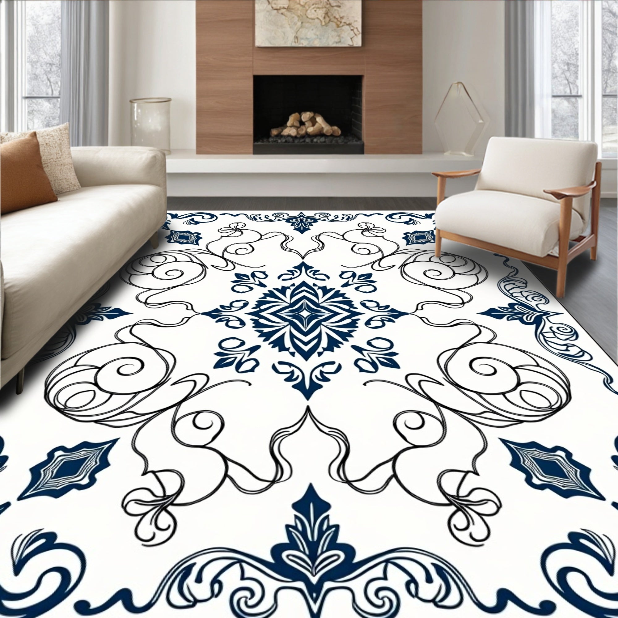 Elegant Navy Swirl Medallion Rug