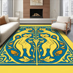 Golden Cats Blue Floral Arrangement Rug