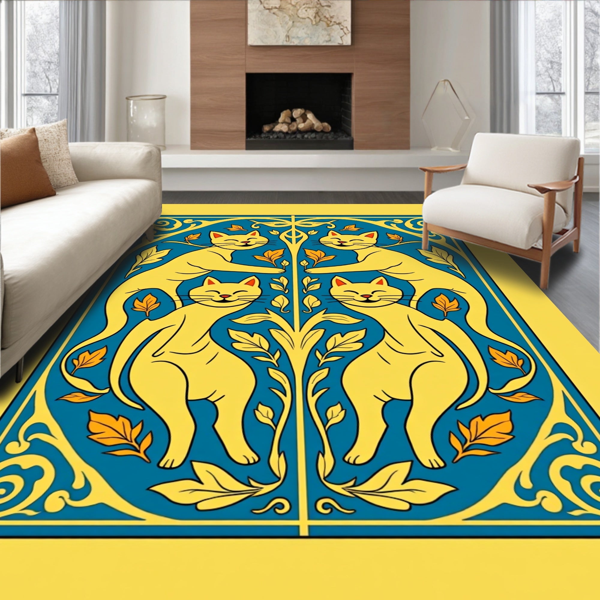 Golden Cats Blue Floral Arrangement Rug