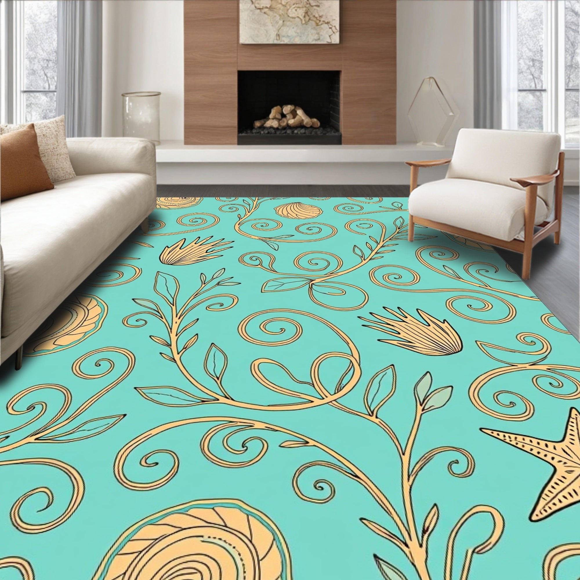 Ocean Aqua Swirl Seashell Starfish Vine Rug