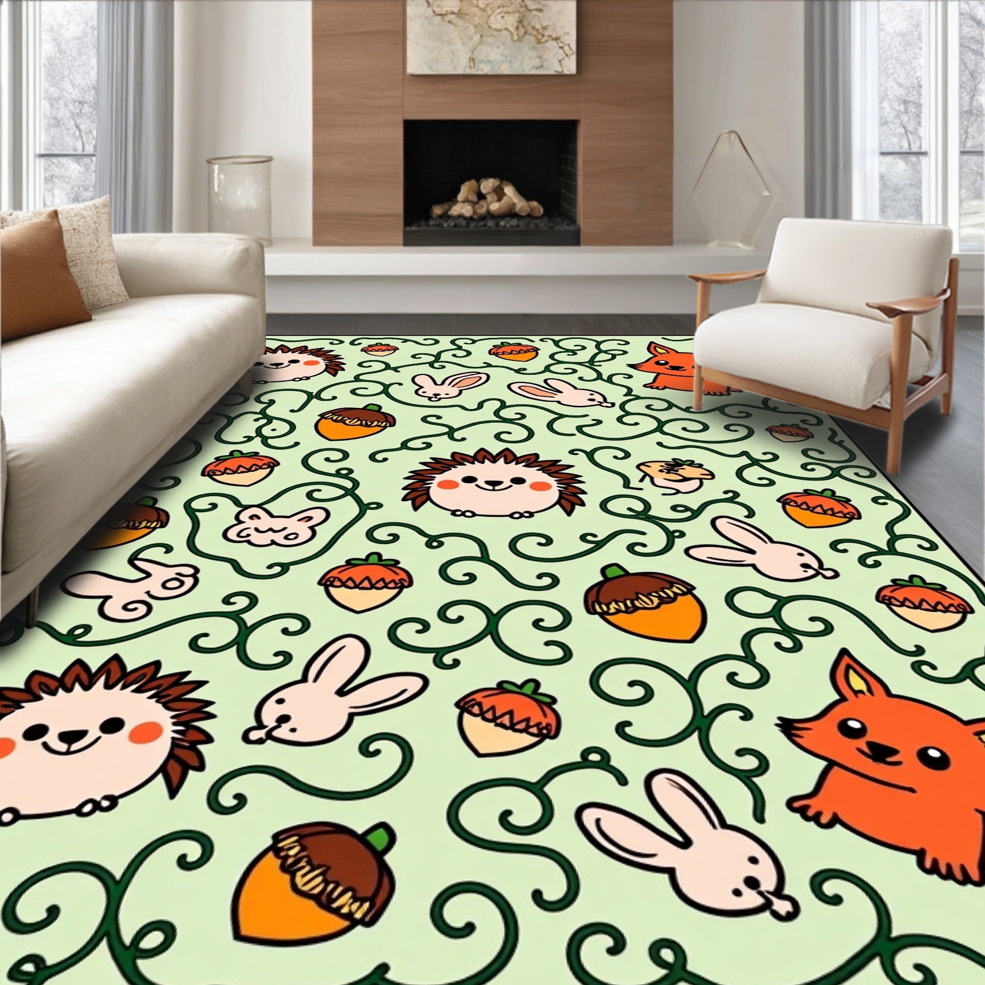 Whimsical Woodland Creatures Acorn Vines Rug