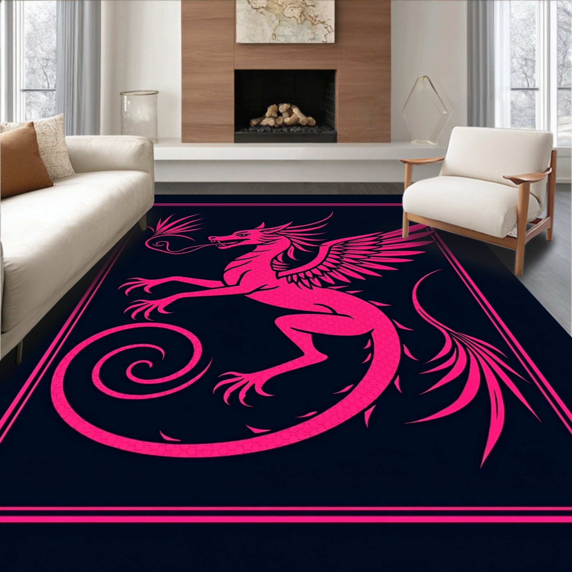 Vibrant Pink Dragon Creature Border Rug