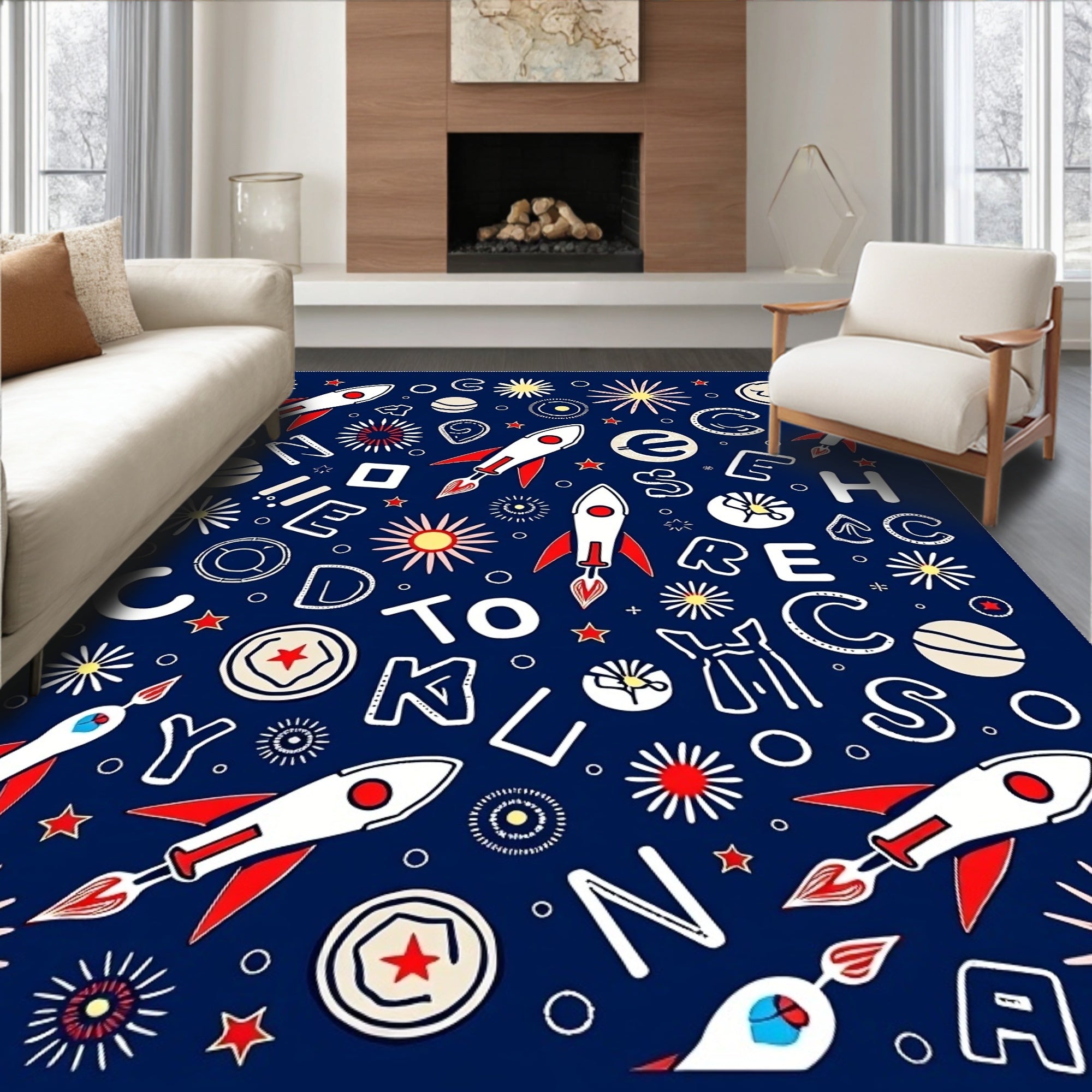 Cosmic Rockets Navy Red Letter Collage Rug