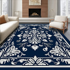 Classic Navy White Floral Medallion Rug