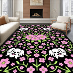Playful Pink Floral Dog Scene Rug