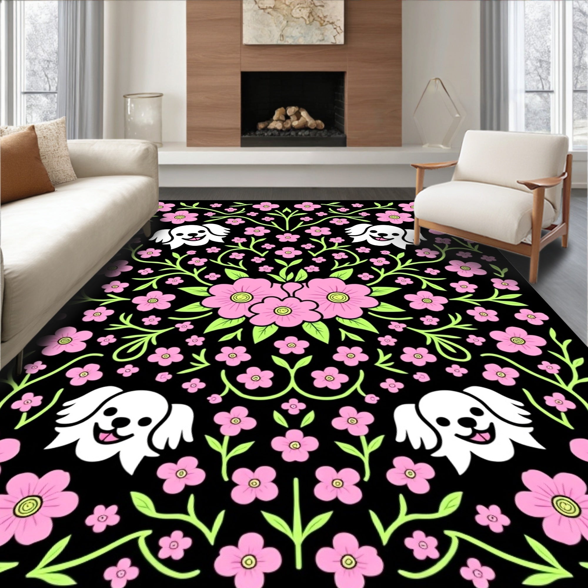 Playful Pink Floral Dog Scene Rug