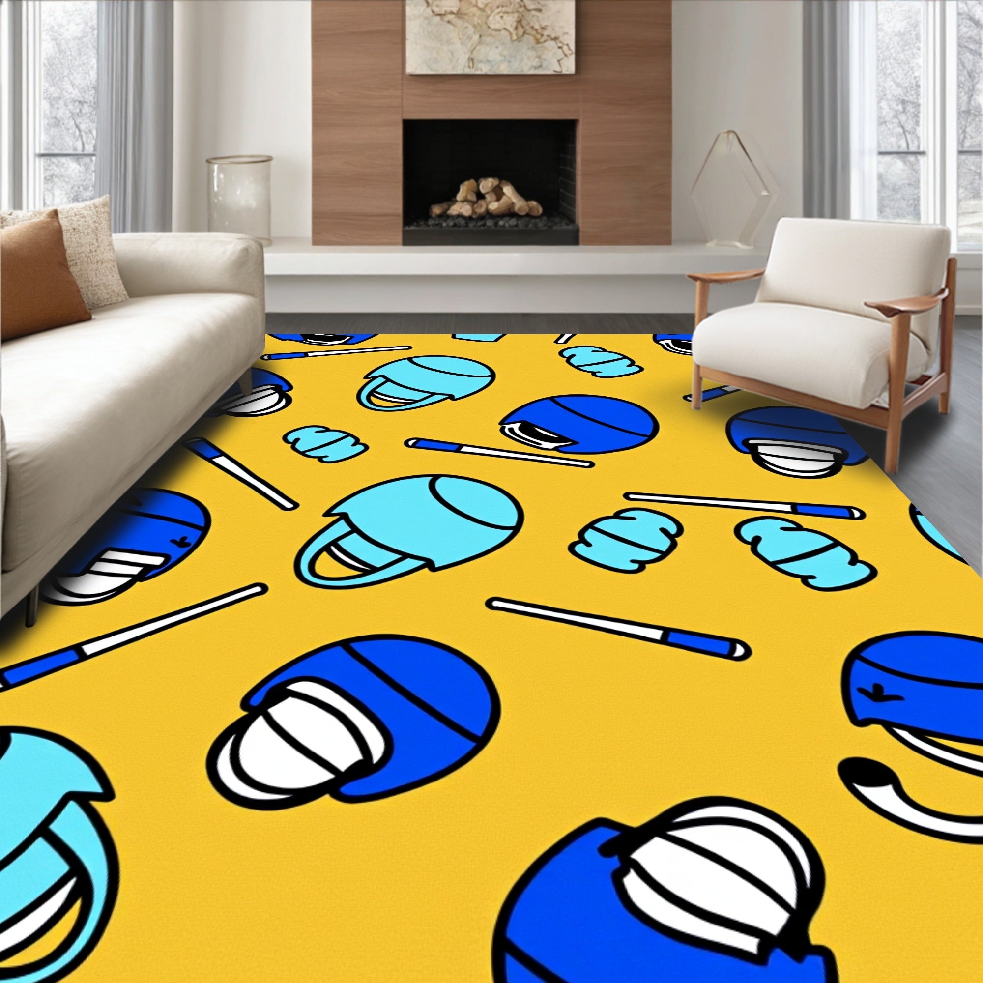 Blue Helmet Whimsical Cartoon Sport Rug