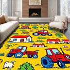 Farmhouse Red Tractors Yellow Countryside Rug