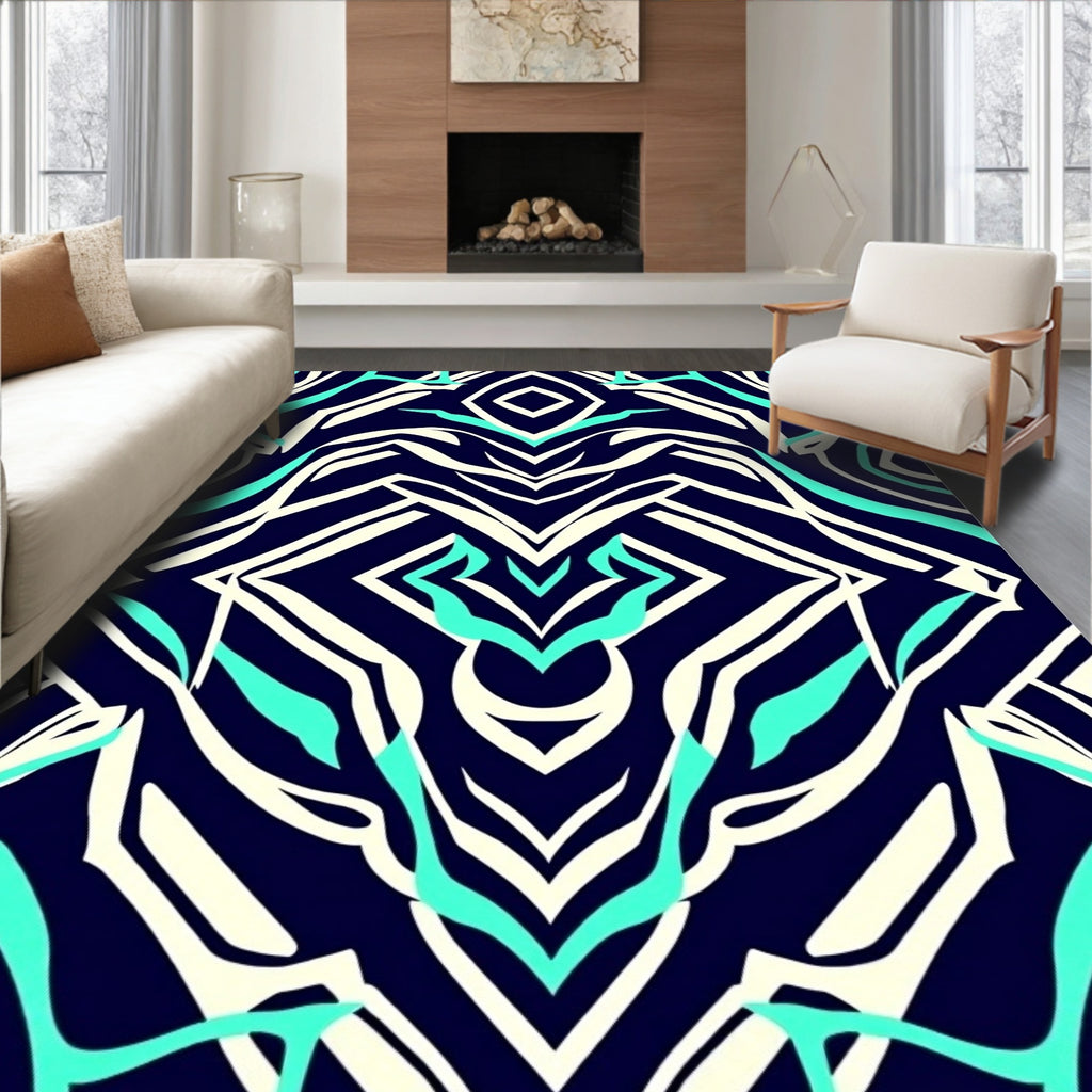 Bold Teal White Abstract Stripe Rug
