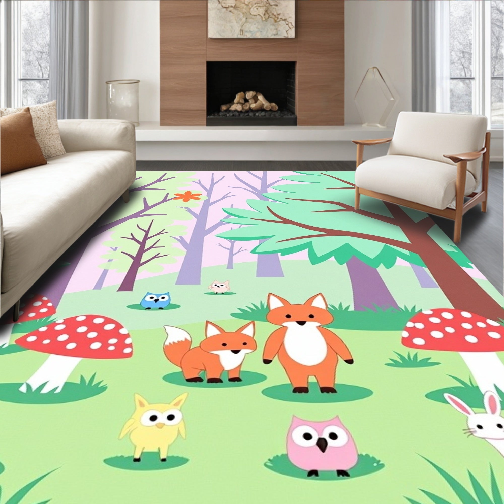 Whimsical Woodland Creatures Fox Owl Mushroom Garden Rug