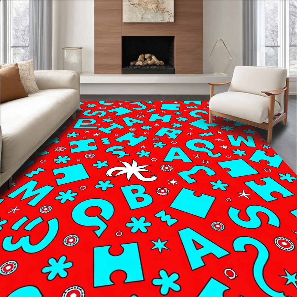 Red Turquoise Alphabet Puzzle Toss Rug