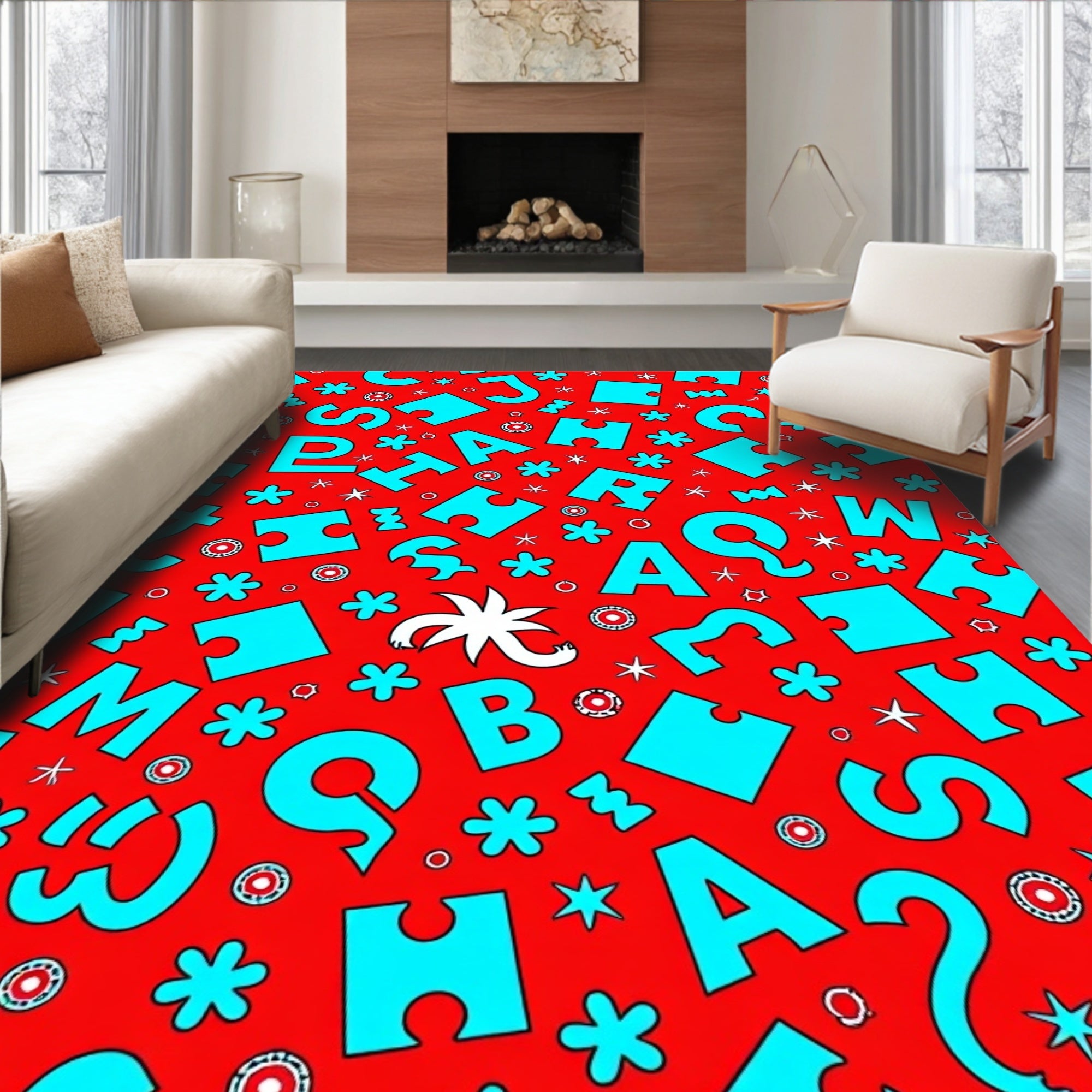Red Turquoise Alphabet Puzzle Toss Rug