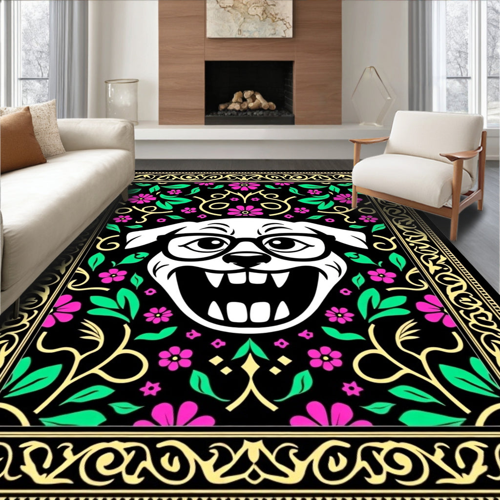 Whimsical Grinning Dog Pink Floral Rug