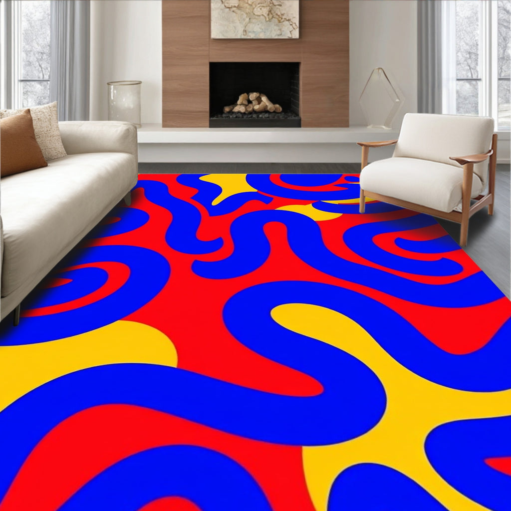 Retro Red Blue Yellow Swirl Rug