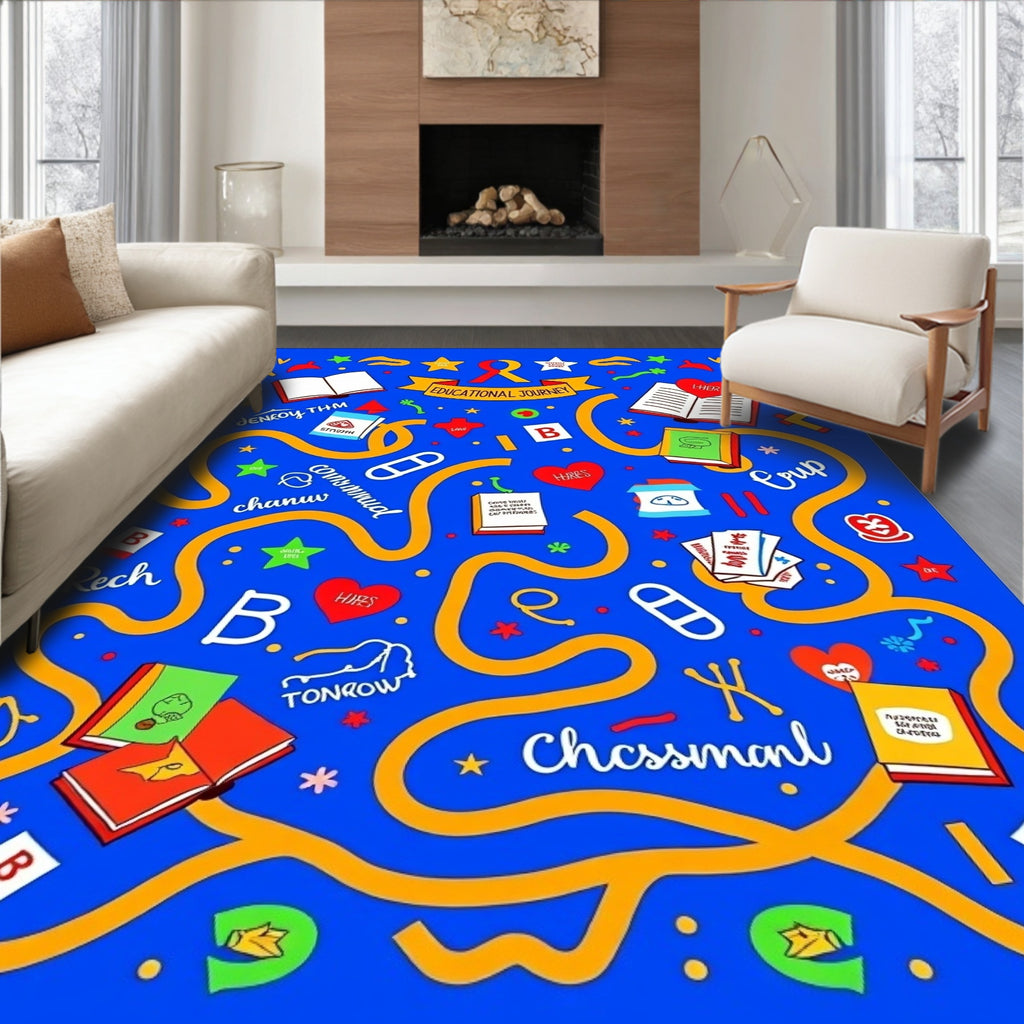 Energetic Blue Educational Abstract Journey Rug