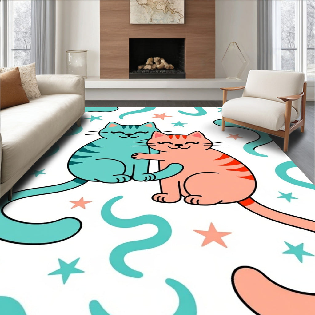 Two Pink Aqua Cats Stars Swirls Rug