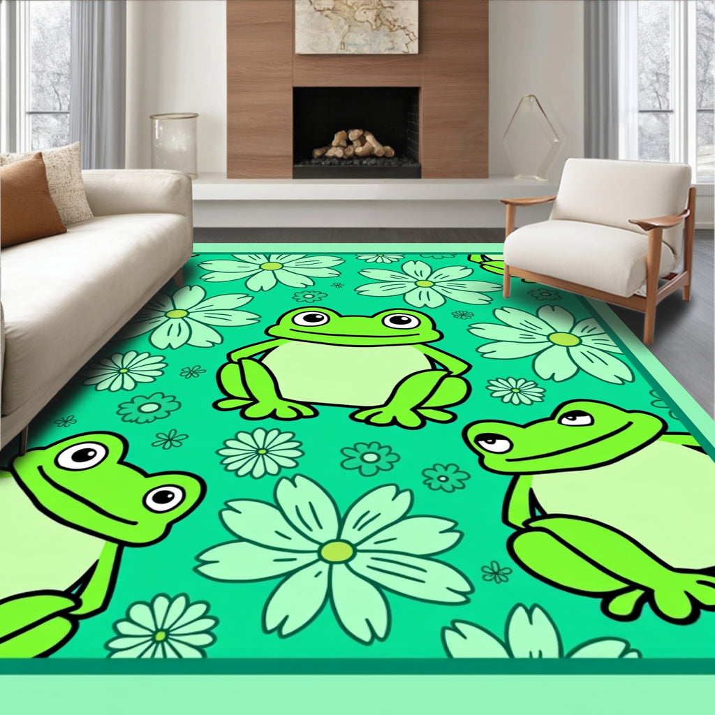 Whimsical Green Frogs Flower Meadow Rug