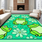 Whimsical Green Frogs Flower Meadow Rug