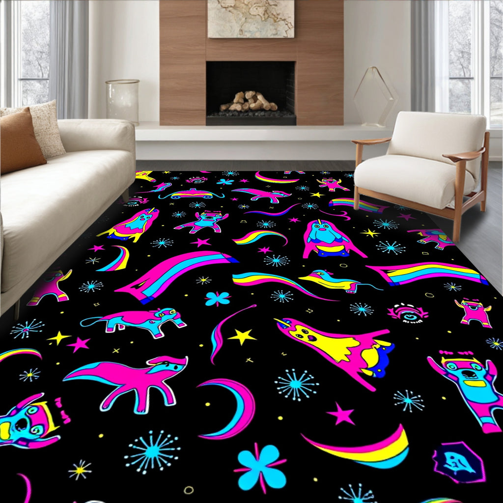 Surreal Neon Creatures and Cosmic Elements Rug