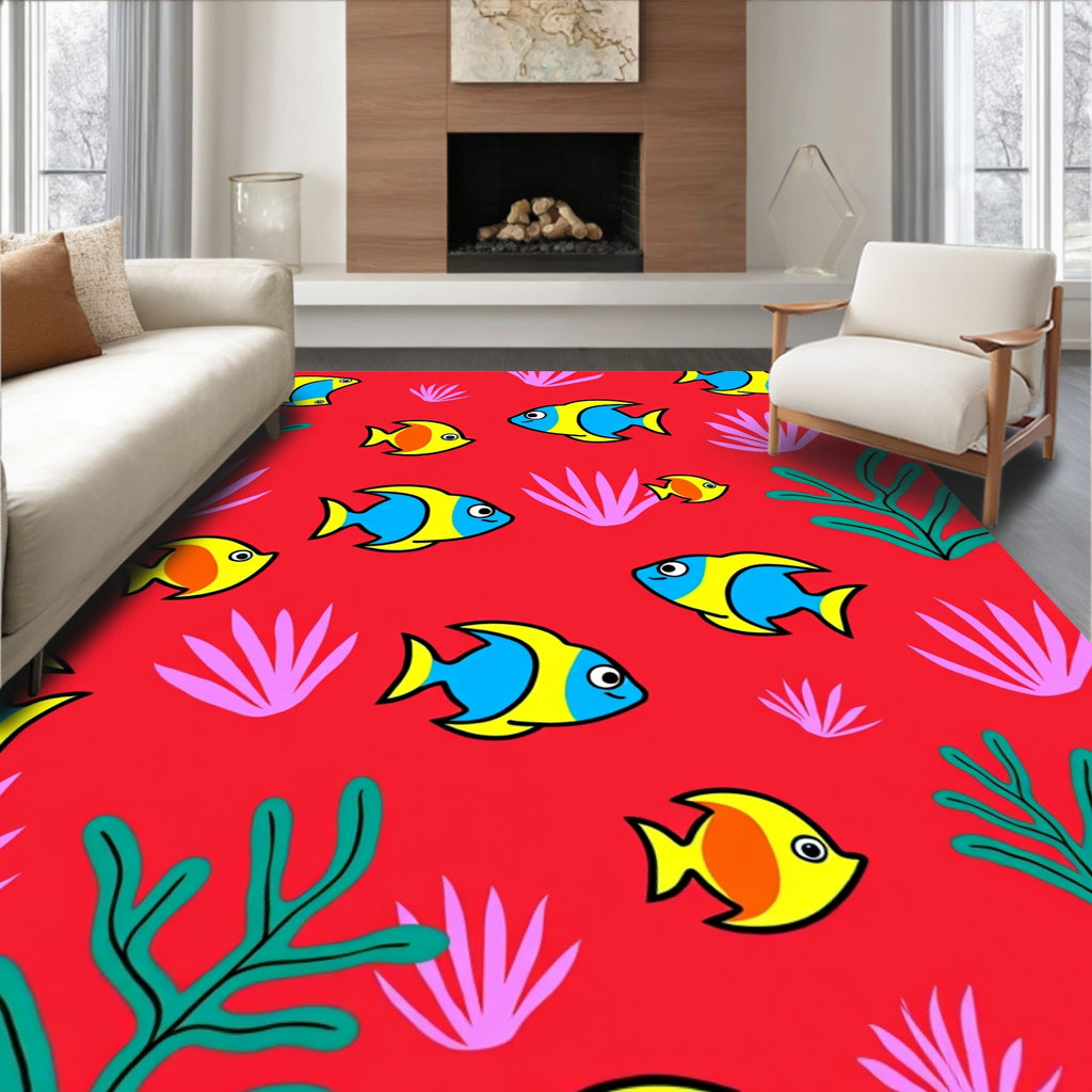Bright Red Cartoon Fish Underwater Sea Rug
