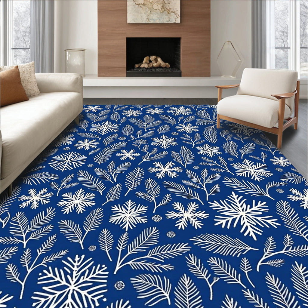Winter Blue Snowflake Pine Branch Rug