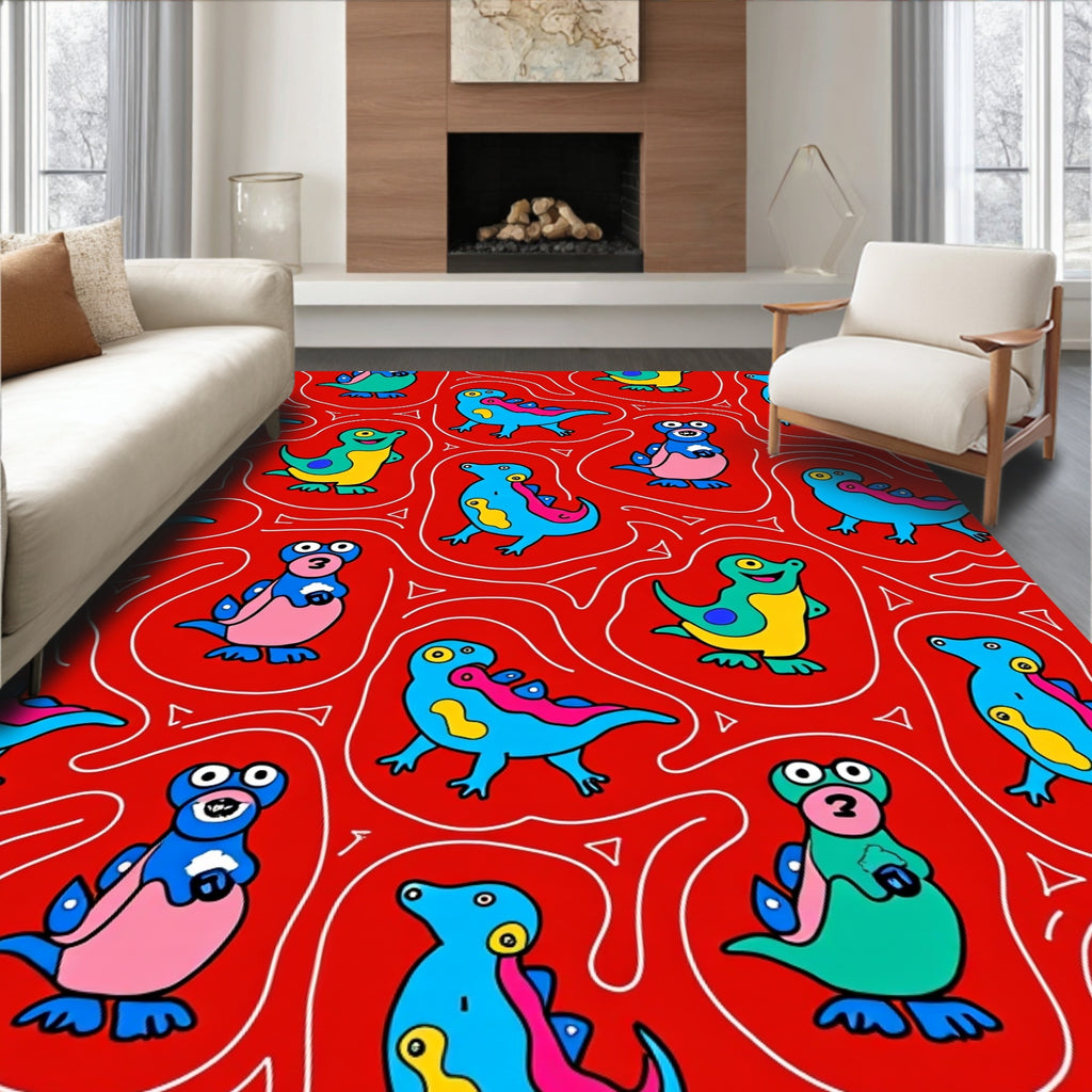 Playful Blue Pink Green Dinosaur Repeat Rug