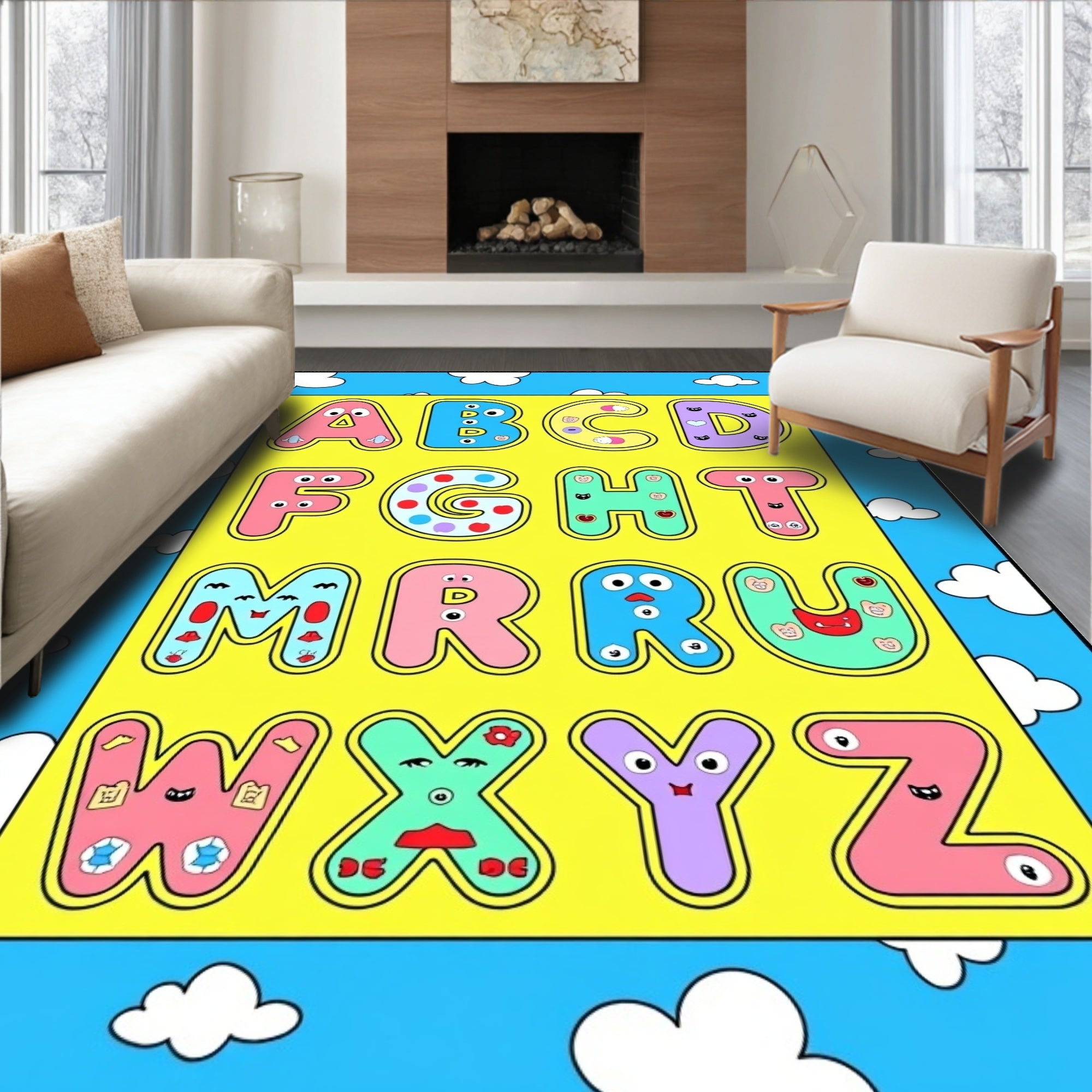 Playful Alphabet Cartoon Faces Rug