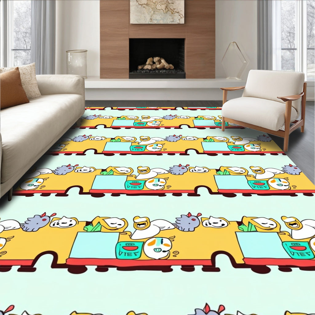 Whimsical Yellow Train Cartoon Crew Rug