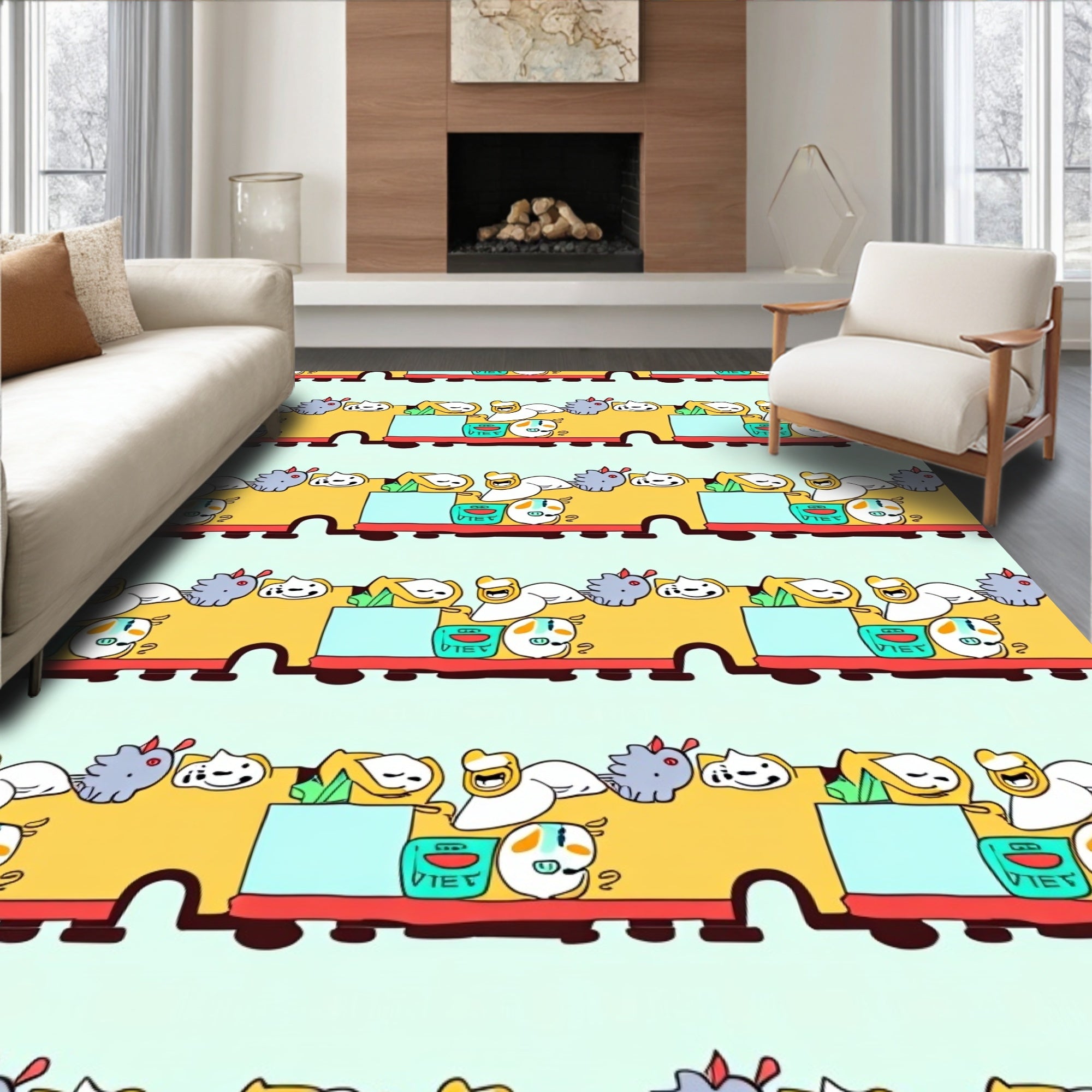 Whimsical Yellow Train Cartoon Crew Rug