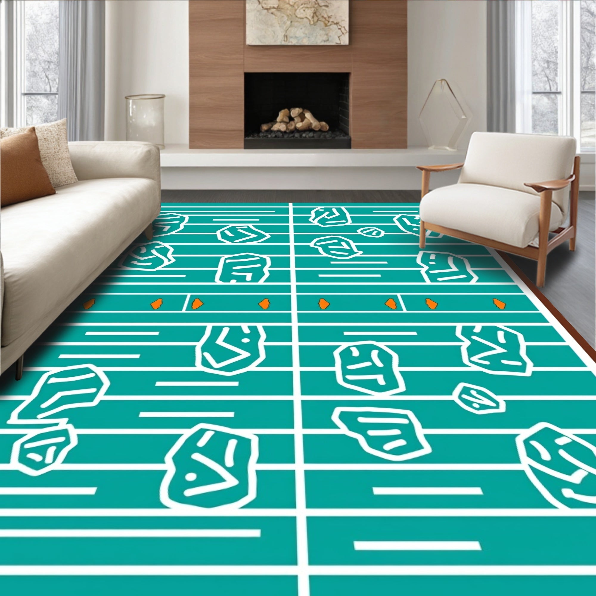 Teal White Rock Lines Rug