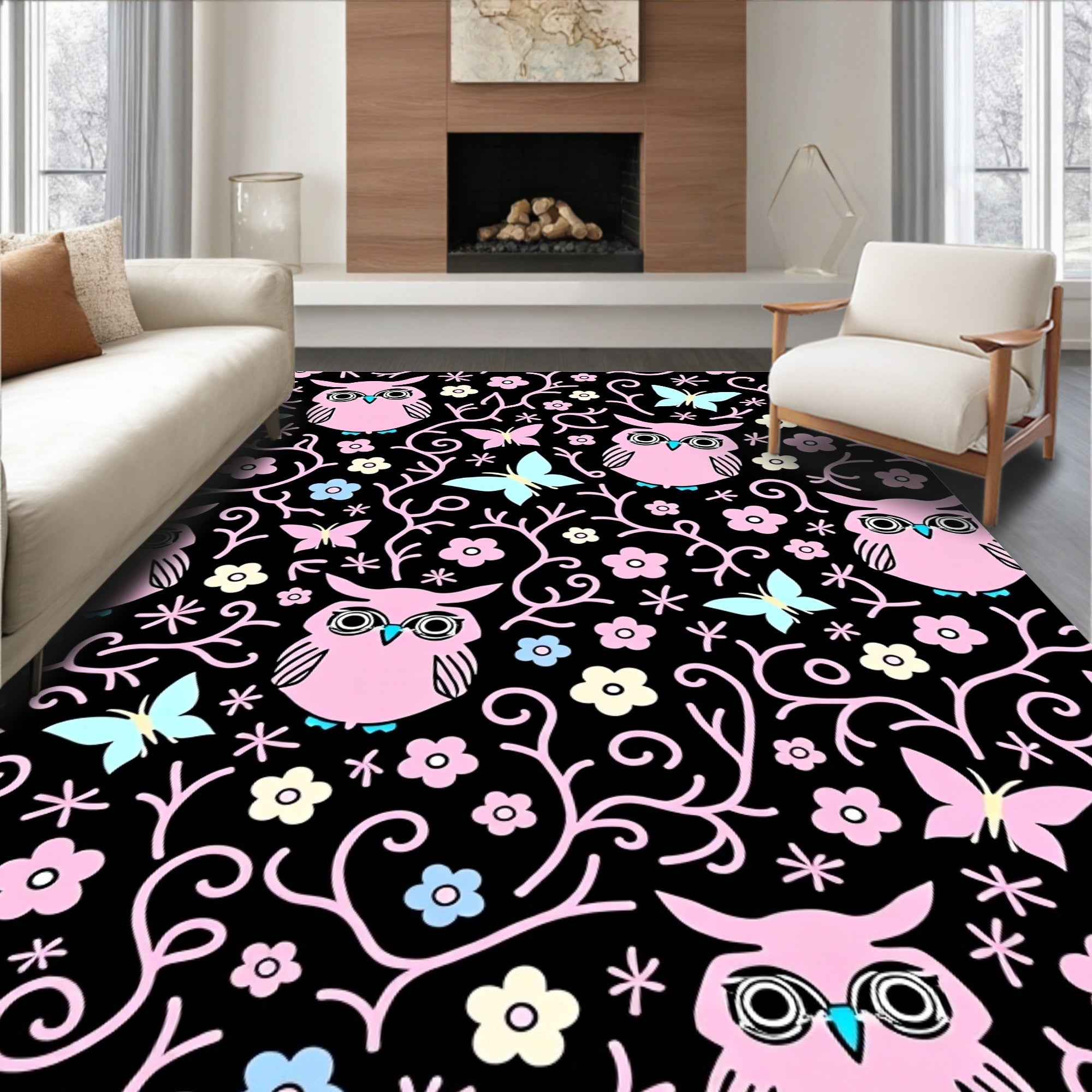 Pink Owls Butterflies and Flowers Rug