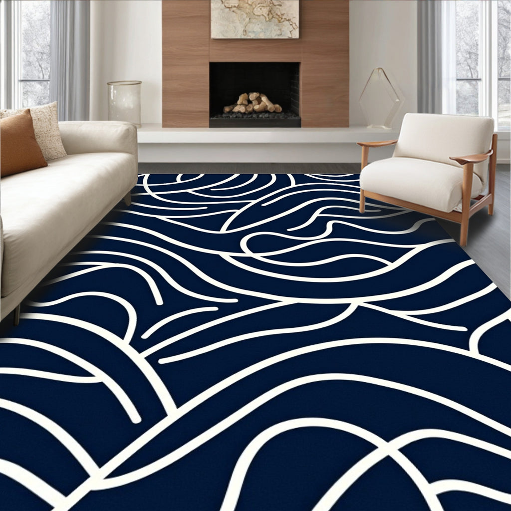 Deep Navy Cream Abstract Flow Rug