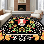 Red Cow Floral Frame Folk Art Rug