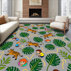 Playful Orange Tigers With Green Leaves Rug