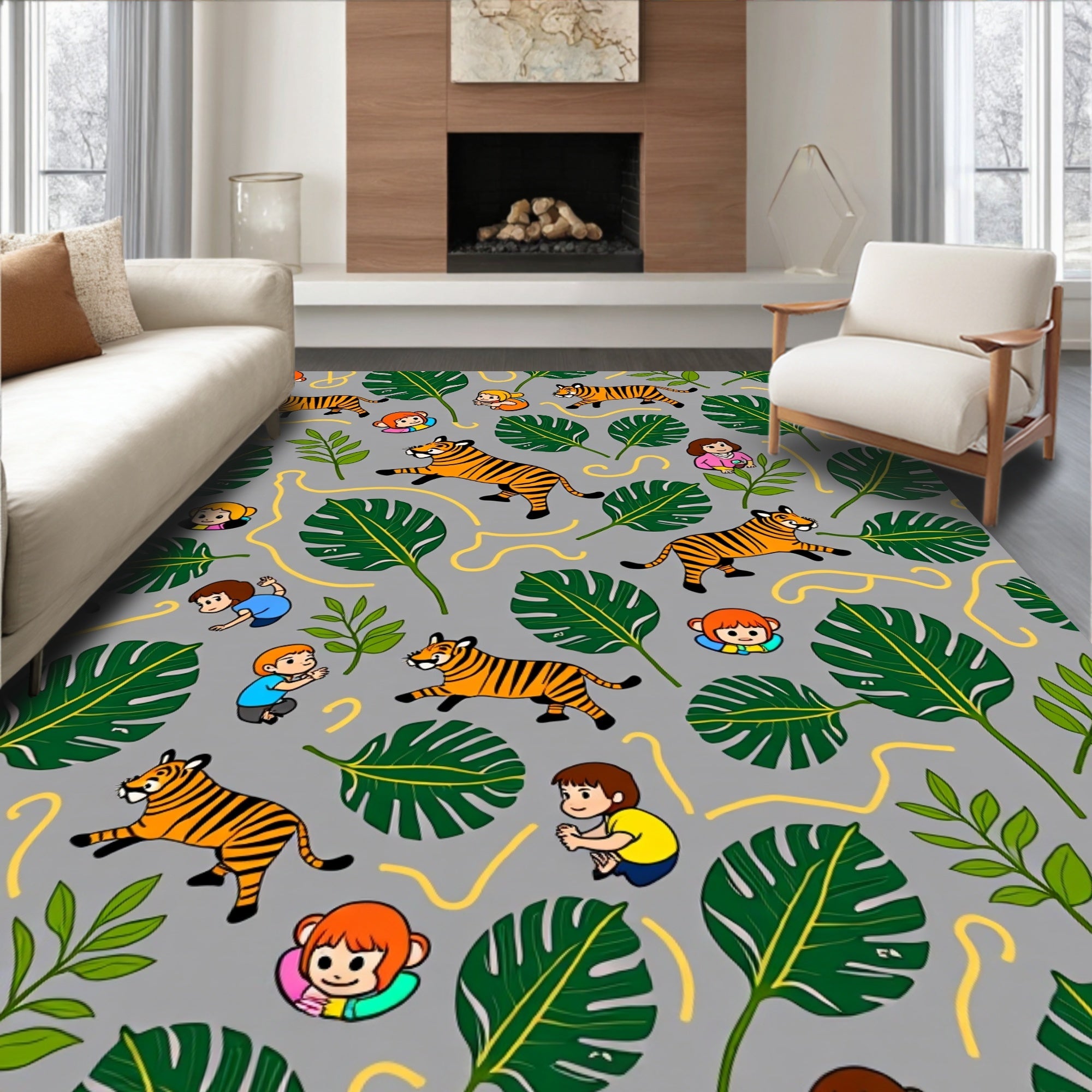 Playful Orange Tigers With Green Leaves Rug