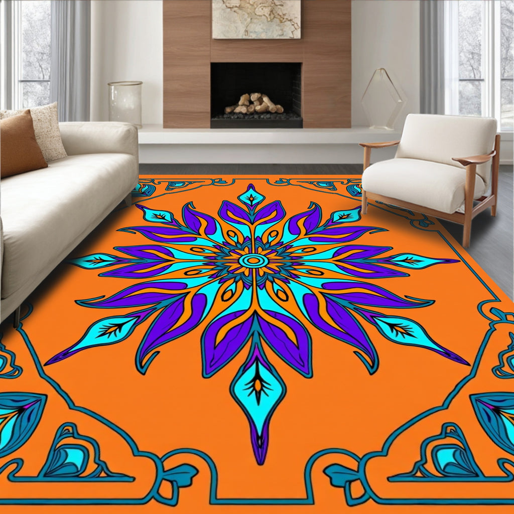 Vibrant Teal Purple Floral Medallion Orange Rug