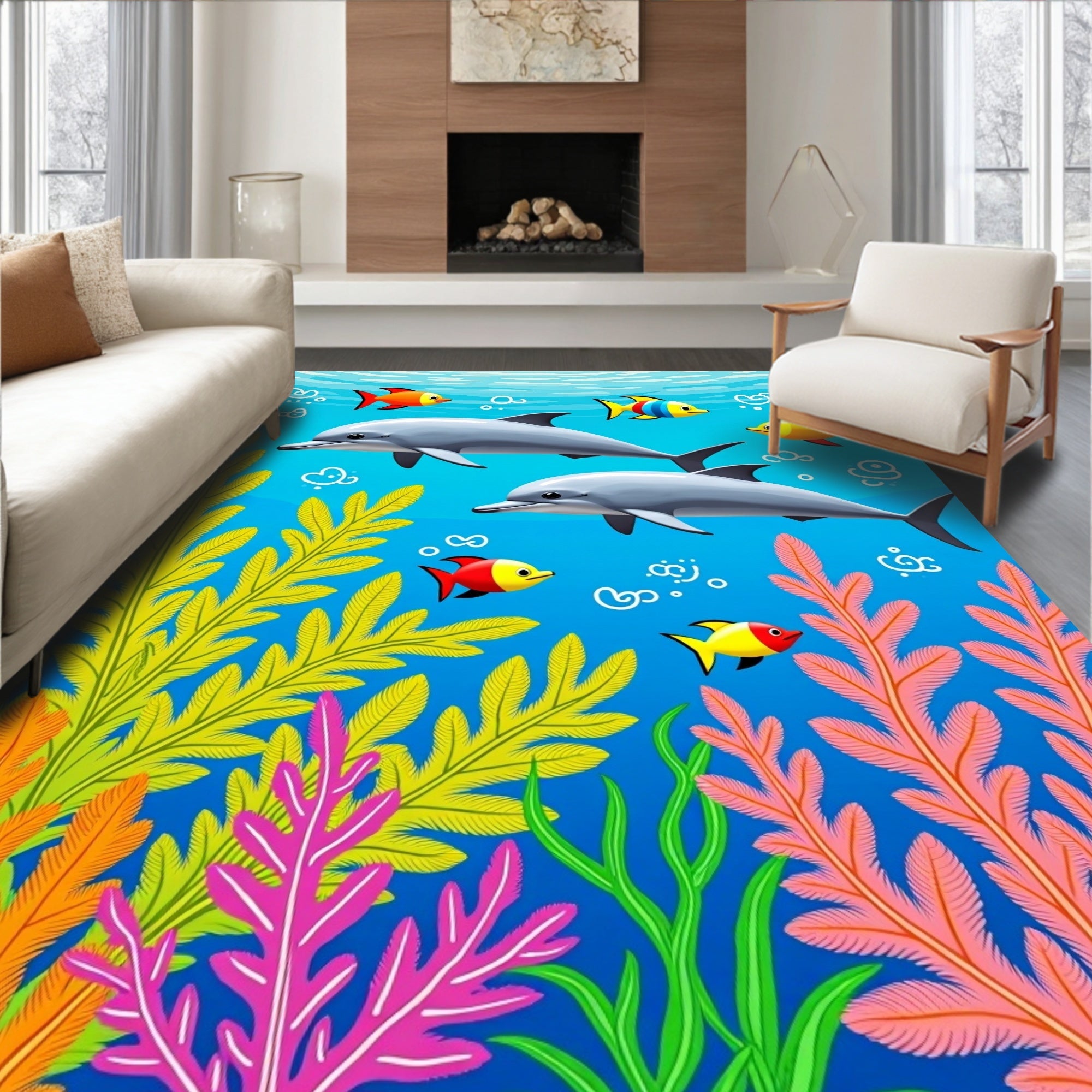 Playful Dolphins Coral Reef Aquatic World Rug