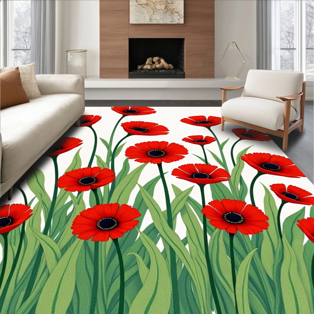 Vibrant Red Poppy Field Illustration Rug