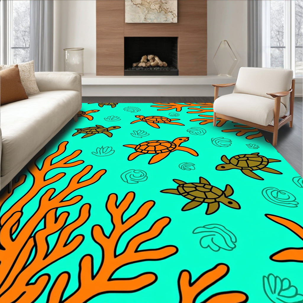 Orange Turtle Sea Coral Garden Rug